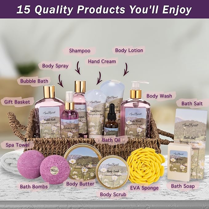 Aqua Elegante Bath Spa Gift Set - 15 Piece Premium Basket with Wash, Bubble Bath, Lotion, Salts, Body Scrub, Towel, Shower Puff, Bathbombs, Reusable Basket, Gifts for Women - Lavender & Chamomile