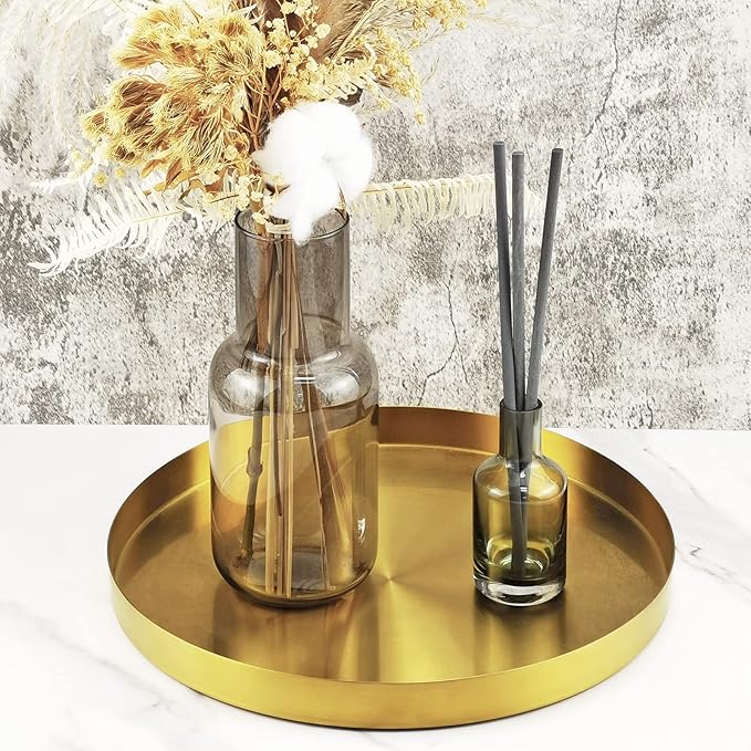 FREELOVE Metal Round Decorative Tray, Perfume Jewelry Candle Organizer for Desk Vanity Countertop Bathroom Dresser Storage, Serving Platter for Kitchen Dinning Coffee Table, Brass Gold, 12 inch