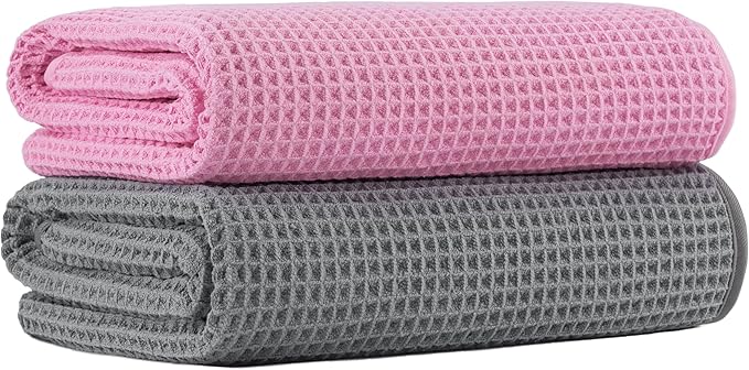 MICROFI New Microfiber Waffle Bath Towels, 2 Pieces, Oversized, Soft, Absorbent, Fast Drying, Lint Free 430 GSM (Gray+Pink)