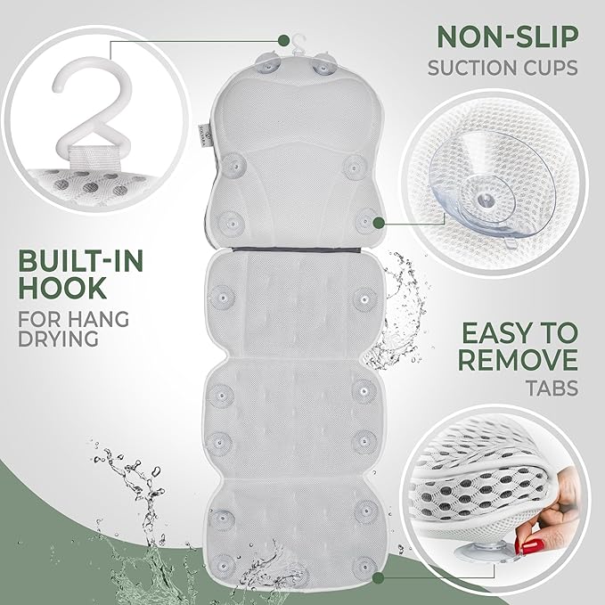 Full Body Bath Pillow for Tub with Free Bath Tray & Wash Bag – 2-in-1 Design | 5D Air Mesh, Detachable Headrest, Non-Slip Suction Cups, Machine Washable