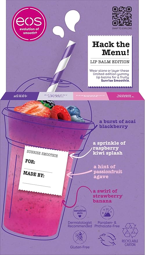 eos Flavor Lab Secret Menu Lip Balm Gift Set - Sunrise Smoothie, Limited-Edition, Moisturizing Care for Dry Lips, Variety Pack, 0.14 oz, 4-Pack