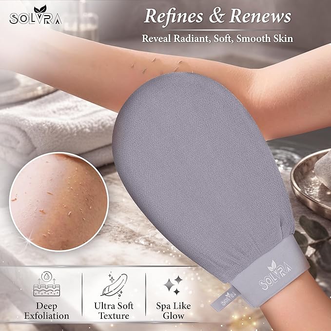 Exfoliating Gloves – 100% Vegan Viscose Kessa Mitt for Dead Skin Removal, Self-Tan Fade, and Keratosis Pilaris – Dual-Texture Glove for Spa & Massage (2 Pack, Black/Gray)