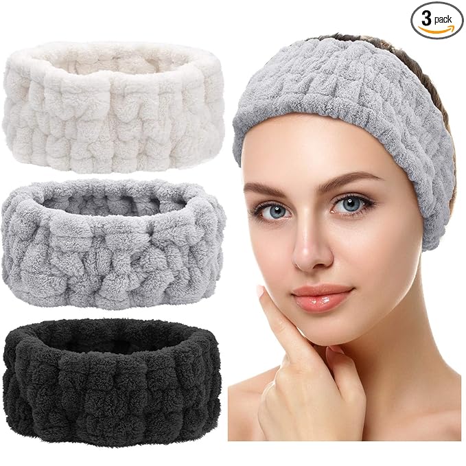 Chuangdi 3 Pieces Spa Headband for Women Facial Makeup Headband Soft Terry Cloth Hairband for Washing Face Mask Spa Shower Gifts(Black, White, Light Grey)