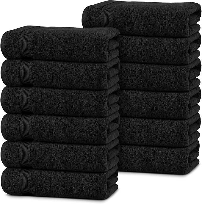 Linteum Textile Supply Luxury Hair Towels 100% Ring Spun Cotton Towel for Women, Men, Kids | 20x40 inches Quick Dry Towels for Gym, Beauty, Spa, Salon | Pack of 12 | Black | Superior Soft Touch