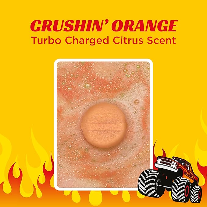 Monster Truck Bath Bomb for Kids with Surprise Monster Truck Toys Inside (1 Pack) – Large 9 Oz Bath Bombs for Boys – Orange Scent, Skin-Safe, USA Made - Children Gift with Car Bath Toys by Two Sisters