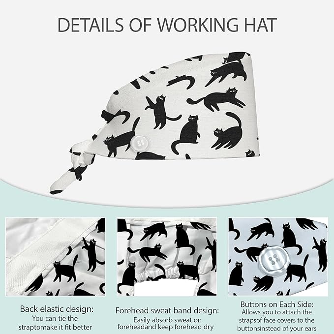 2 Pcs Working Cap with Sweatband for Women Men, Adjustable Cleaning Working Hats, Nurse Surgical Caps