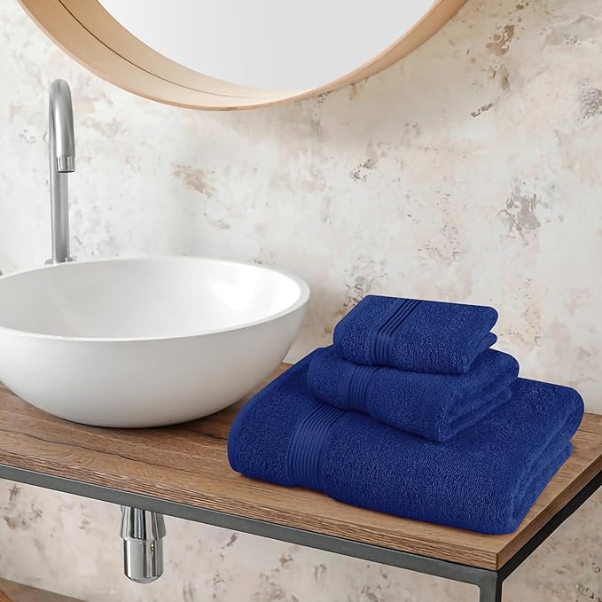 Belizzi Home Ultra Soft 3 Pack Cotton Towel Set, Contains a Bath Towel 28x55 inch, a Hand Towel 16x24 inch & a Wash Coth 12x12 inch, Ideal Everyday use, Compact & Lightweight - Navy Blue