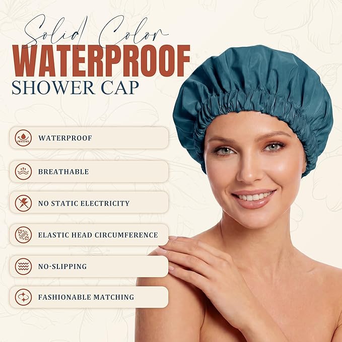 Reusable Shower Cap for Women, Large Waterproof Shower Bonnet with Elastic Band, Washable Bath Hair Cap for Long, Curly Hair, Braids, Daily Shower, Home Spa, Travel(Bamboo Moon Blue)