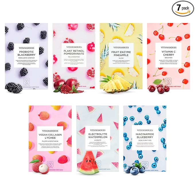 Vitamasques Face Masks Skincare Sheet Kit, 7-Pack - Juicy Collection of Triple-Layer Sheet Facial Masks - Korean Skin Care Pore Purifying, Brightening, and Hydrating