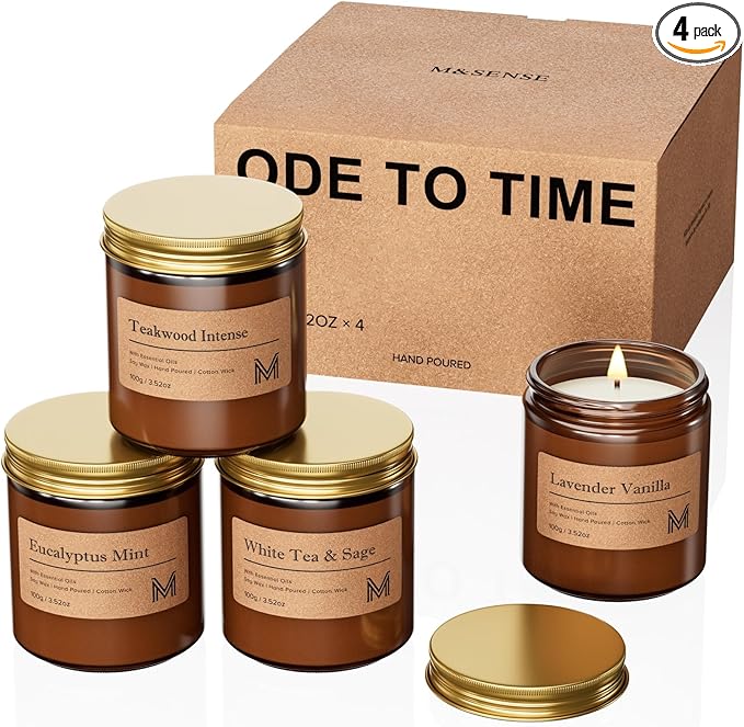 M&SENSE 4 Pack Candle Gift Set, Scented Candle Sets for Men and Women, Soy Wax Candles Home Scented, Long Lasting Amber Jar Candles for Mother's Day, Christmas, Holiday