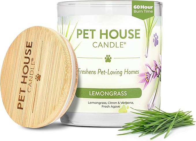 Pet House Candles, Long Burning Scented Candles for Pet Odors, Plant-Based, 60 Hour Burn Time - Lemongrass, 9 oz