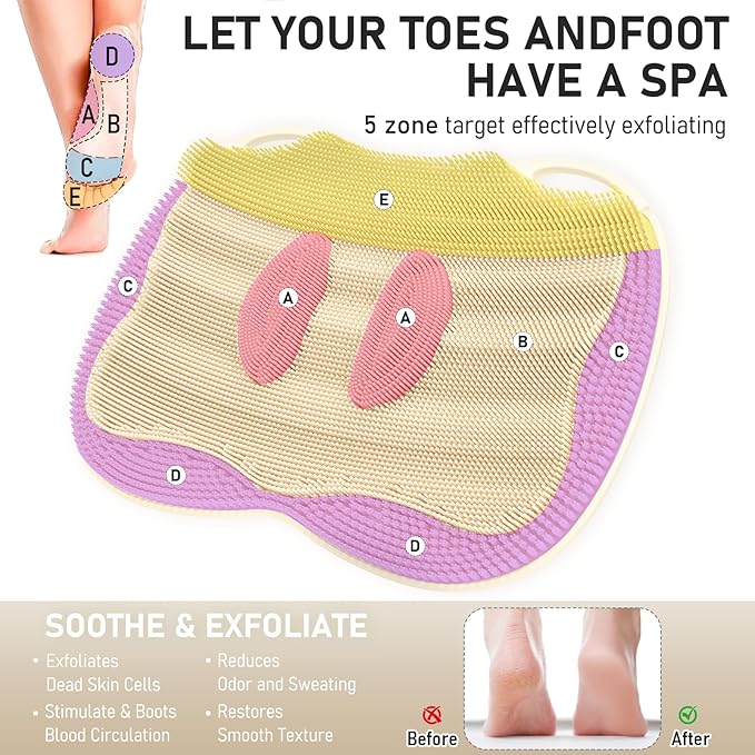 XL Shower Foot Scrubber Mat, Silicone Feet Massage Scrubber in Shower Clean Foot Toes Pad without Bending Non-slip Suction Cups Blood Circulation Exfoliate Smooth Achy Relief 17.4*13.4" Beige