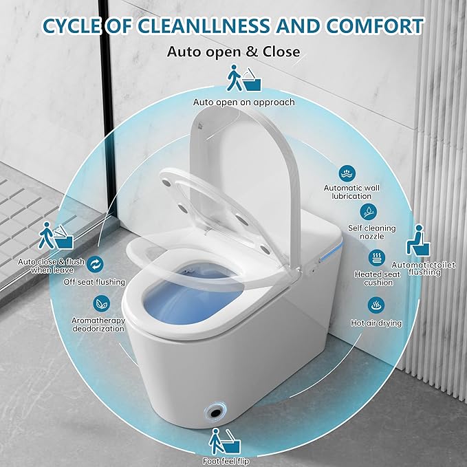TDH Smart Toilet, Heated Toilet Seat with Warm Water Sprayer & Dryer, Aromatherapy Tablets,Foot Sensor Operation, Round Toilet Seat, Night Light, Remote Control