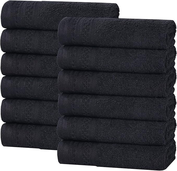 Superior Honeycomb Cotton Medium Weight Towels, for Guest Bath, Master Bathroom, Shower, Quick Dry, Adults, Home Essentials, Textured Waffle Border, Assorted Towel Set, 12 Piece Face Towel Set, Black