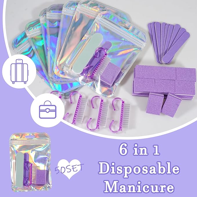Disposable Manicure Kit Professional, 50 Set Press On Nail Tool Kit with Nail File, Nail Buffer, Nail Buffer Block, Nail Handle Brush, Wood Stick, Packaging Bag (Purple-50pcs)