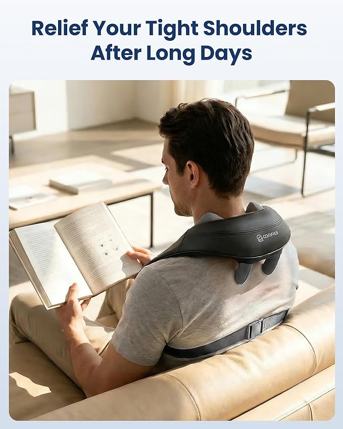 COMFIER Hands-Free Neck and Shoulder Massager with Heat, Cordless 4D Deep Tissue Kneading Back Massager, Rechargeable Shiatsu Massage for Pain Relief, Home, Office & Housework