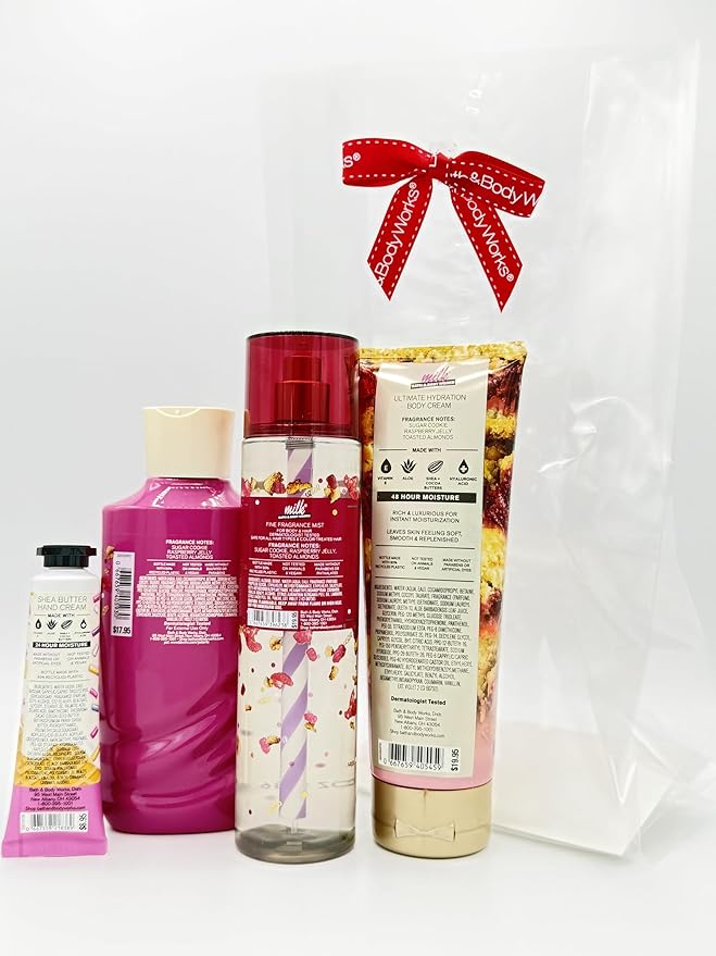 Bath & Body Works Milk Raspberry Holiday Pie Bar 4-Piece Gift Set | Includes: Body Wash, Fine Fragrance Mist, Ultimate Hydration Body Cream and Vanilla Butter Cream Hand Cream