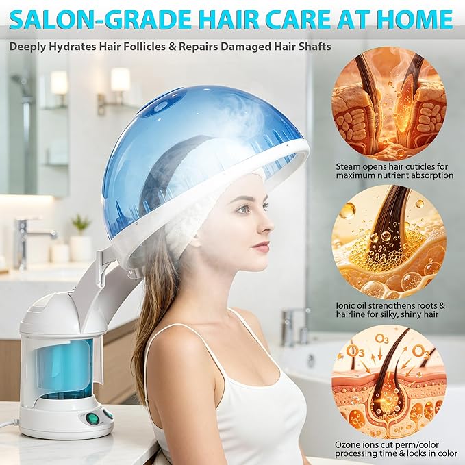 SUPER DEAL Hair Steamer PRO 3 in 1 Multifunction Ozone Facial Steamer with Bonnet Hood Attachment, Hair Therapy & Face Steamer for Personal Care Use at Home or Salon