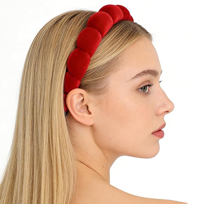 Headbands for Women Girls, Fashion Wide Headband Yoga Workout Head Bands Hair Accessories, Padded Fabric Hair Bands Red Velvet Headband, Red