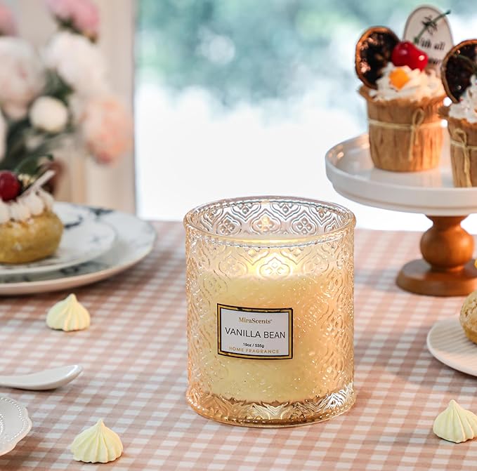 Vanilla Bean Candle, Large Decorative Glass Candle 19oz, Luxury Soy Wax Scented Candle Gift for Women, Home Fragrance for Living Room