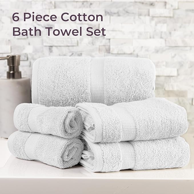 Lavish Home 6 Piece Towel Set - 550 GSM 100% Cotton Bathroom Accessories - 2 Bath Sheets, 2 Hand Towels, and 2 Wash Cloths - Soft and Absorbent Bathroom Set for Shower, Gym, Dorm, and Spa (White)