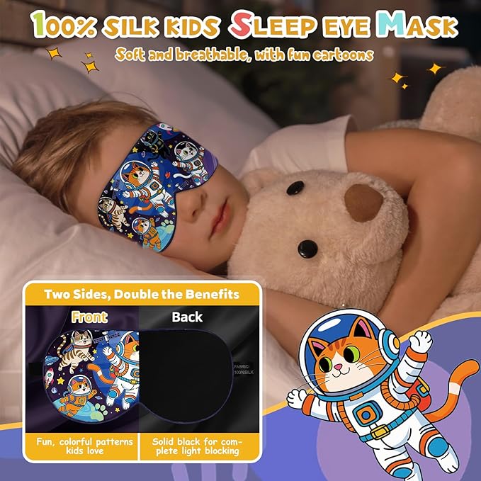 Silk Kids Sleep Mask: 100% Mulberry Silk Eye Mask, Sleeping Masks with Adjustable Strap, Soft & Light-Blocking Printed Kid Eye Cover for Boys Girls Teens Aged 5-15 (Space Cat Theme)