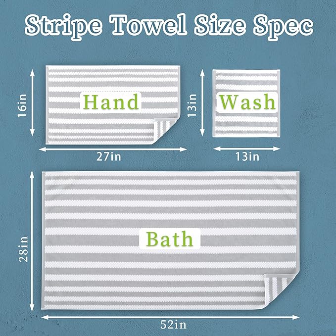Waffle Bath Towels, 4PC 28" x 52" - 100% Cotton | Quick Dry | Light Weight | Soft | Breathable, Striped Bath Towels for Bathroom, Shower Towel Gift Set, Gray Stripes and White Checker/Waffle