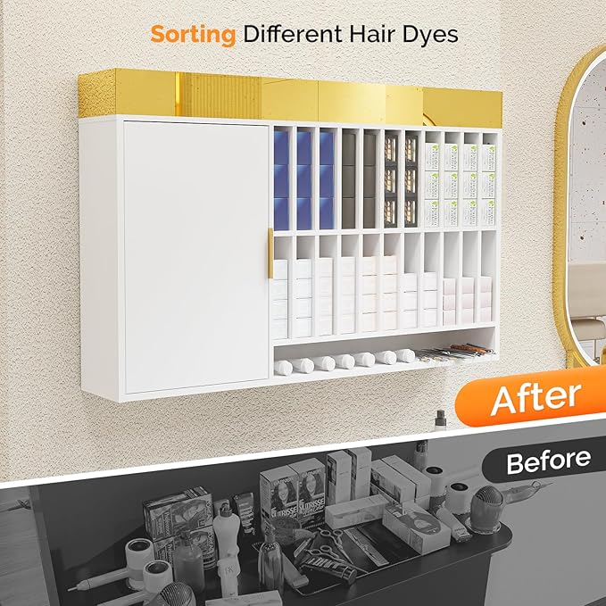 OmySalon Hair Color Organizer Rack, Professional Wall Mounted Salon Station, Barber Storage Cabinet with Adjustable Shelves, Hair Dye Tubes Display for Beauty Spa, Barbershop, White