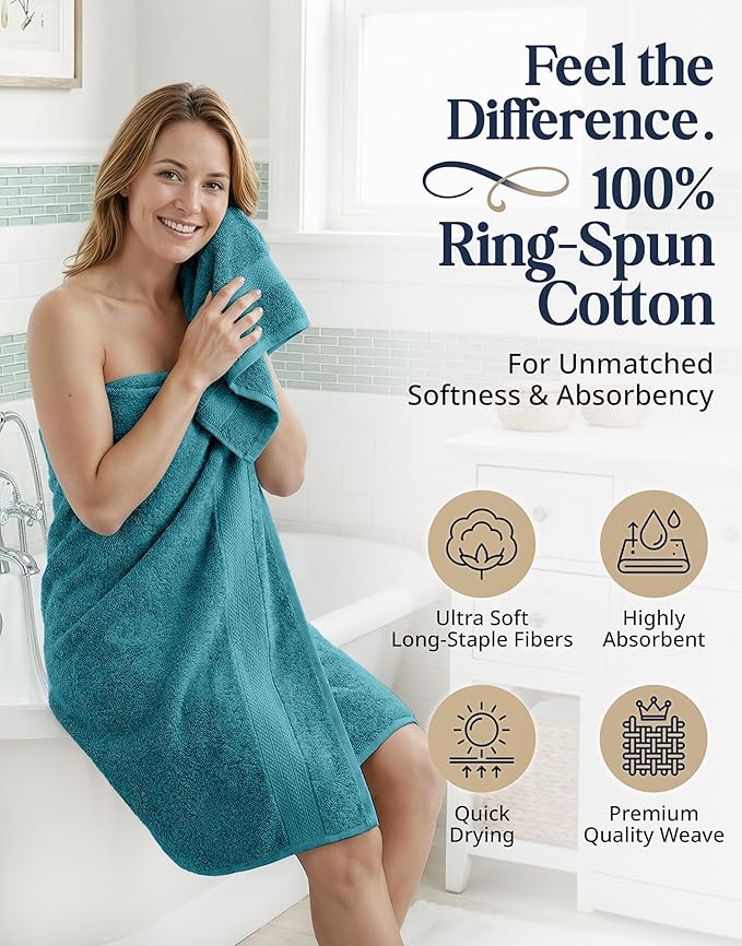 LANE LINEN Luxury Cotton Bath Towel Set of 16 - Soft, Absorbent & Quick Dry - 4 Bath, 8 Washcloths, 4 Hand Towels for Bathroom - OEKO TEX Certified - Smart & Durable Choice for Every Home - Sea Port