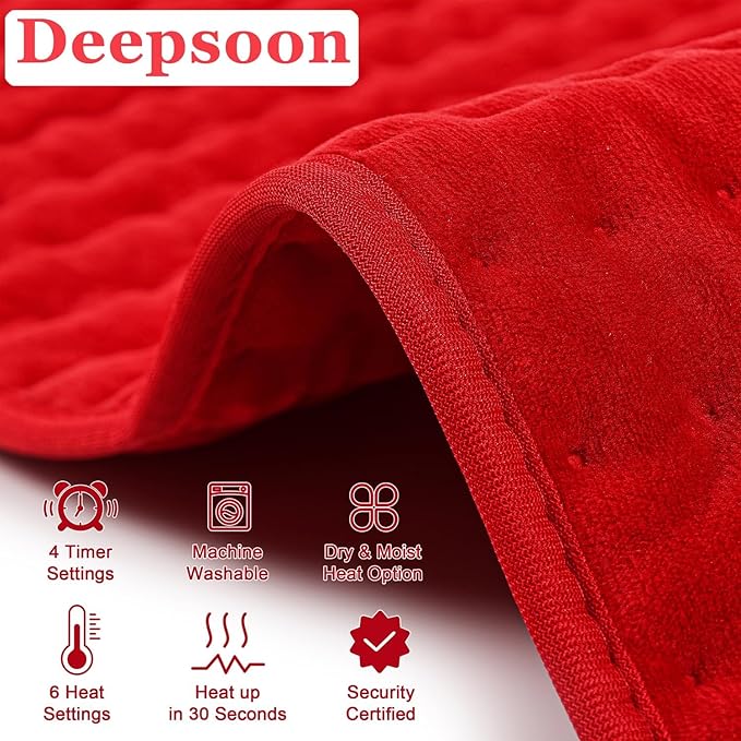 Deepsoon Heating Pad,Electric Heating Pads for Back,Neck,Moist Heating Pad for Abdomen Shoulder Knee Legs,Dry/Moist Heat&Auto Shut Off,Mother's Day Birthday for Men and Women,Red,24x20 Inch