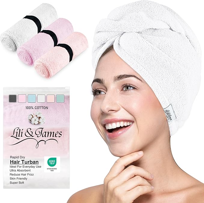 Cotton Hair Towel Wrap for Women/Kids | Quick Dry, Soft & Absorbent 420 GSM Hair Wrap Towels with Double Button | Anti Frizz, Non Microfiber Hair Turbans for Curly, Long Hair (White+Pink+Lilac)
