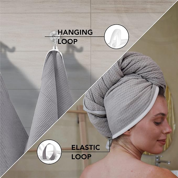 Microfiber Hair Wrap for Women - Extra Large 45 x 25 Quick-Dry Towel, Anti-Frizz, Breathable, Waffle Knit, Elastic Loop for Wet, Curly & Straight Styles - Grey - Microfiber Hair Towel