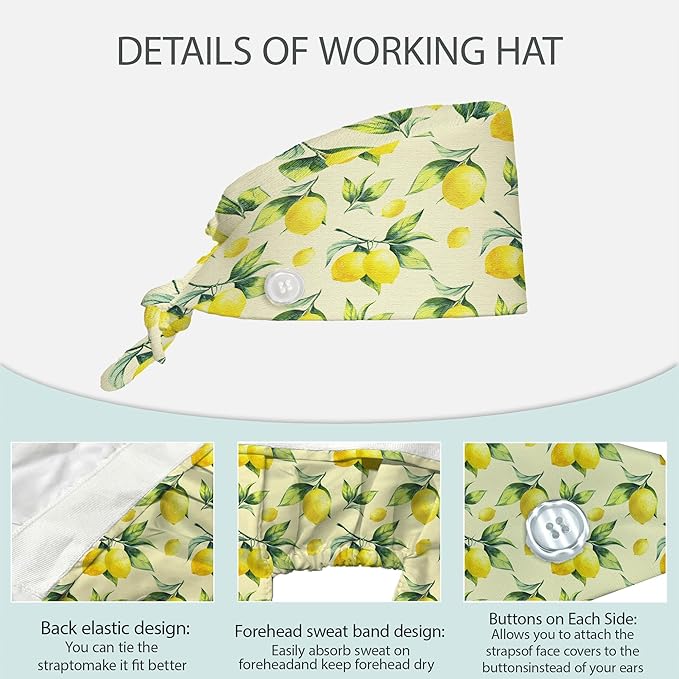 2 Pcs Working Cap with Sweatband for Women Men, Adjustable Cleaning Working Hats, Nurse Surgical Caps