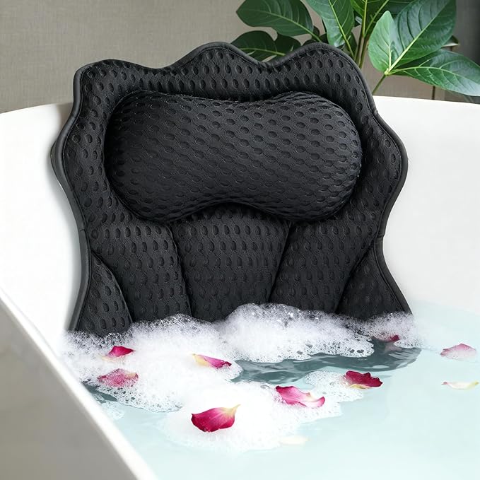 Bath Pillows for Tub, Bath Pillow, Bathtub Pillow, and Luxury Bath Accessories for Head, Neck & Back Support, Relaxing Spa Bath Tub Pillow with 6 Strong Suction Cups (Black)