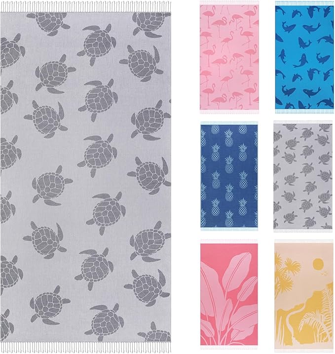 Genovega Oversized Cotton Turkish Beach Towels 72"x36" Lightweight Quick Dry Sandless Pool Swim Towel Large No Sand Compact Blanket Adult Travel Essentials Cruise Accessories Must Haves Grey Turtle