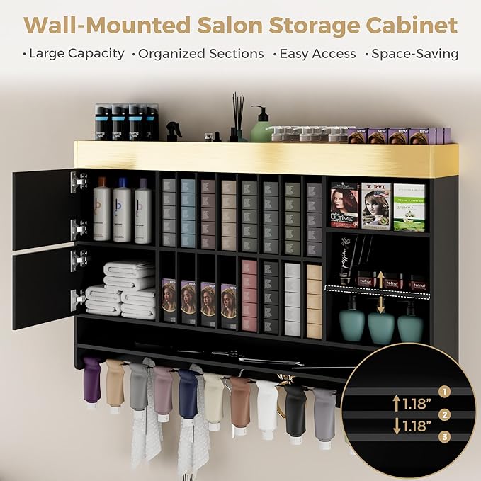 Hair Color Organizer Rack, Wall Mounted Salon Station with Storage Cabinet and Adjustable Shelves, Holds 100+ Hair Dye Tubes, Barbershop Beauty and Spa Furniture