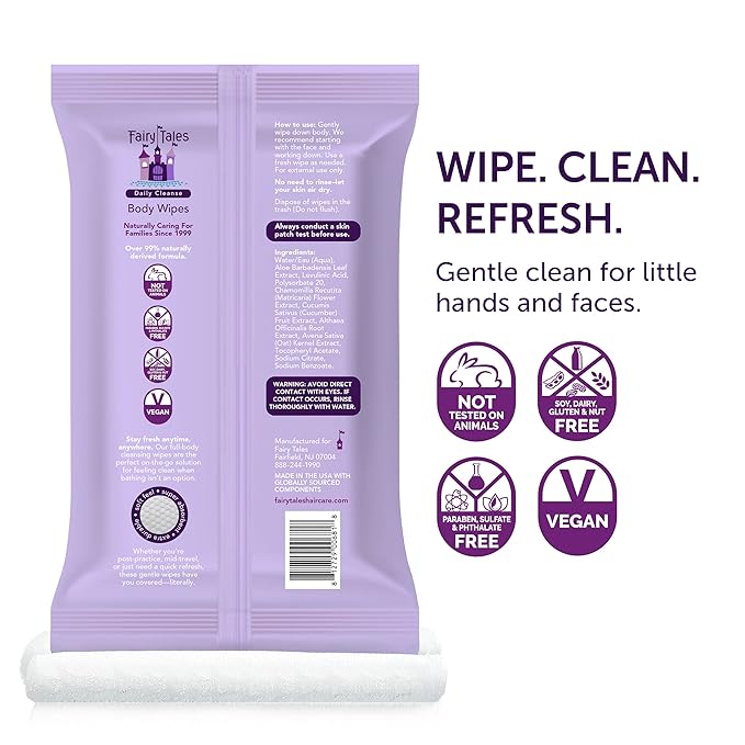 Fairy Tales Daily Cleanse XL Wipes for Kids – Extra Large Body Wipes, Gentle Disposable Washcloths, Unscented, Alcohol Free Cleansing Cloths - 20ct