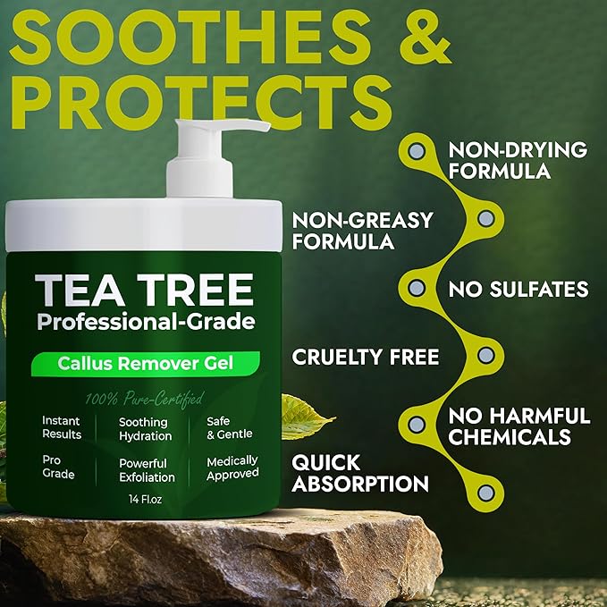 Callus Remover for Feet | Extra Strength Callus Remover Gel for Feet with Tea Tree Oil | Professional-Grade Pedicure Treatment | 50 Applications per Bottle, Includes 3 Pumice Stones | 14 fl oz