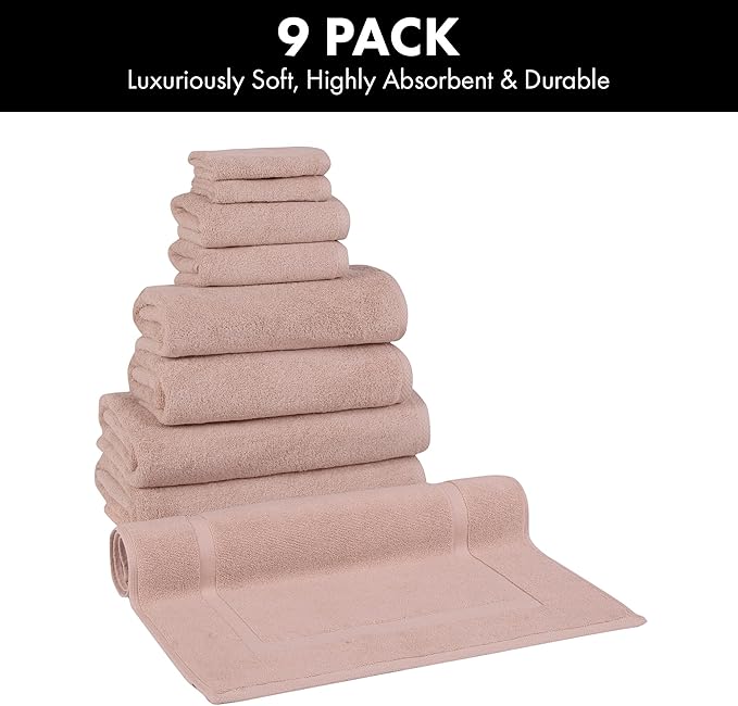 Classic Turkish Towels CTT - 9 Piece Premium Towel Set, 100% Turkish Cotton, Highly Absorbent & Comfy, Includes 2 Bath Towels, 2 Hand Towels, 2 Washcloths, 2 Bath Sheets & 1 Bath Mat | (Rose)