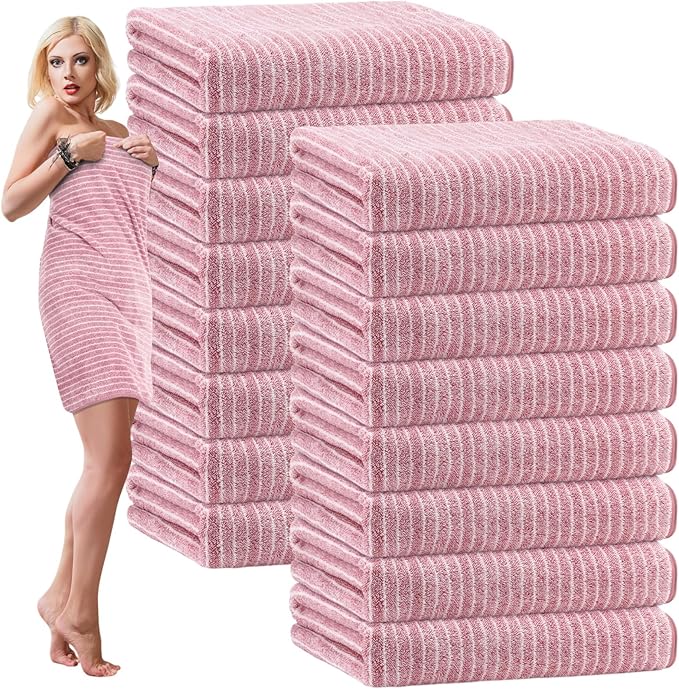 SmoothNovelty 16 Pack Microfiber Bath Towels Bulk 27'' x 60'' Oversized Size Bath Towel Highly Absorbent Extra Large Soft Drying for Beach Shower Summer Salon Sport Gym Party (Pinstripe,Pink)
