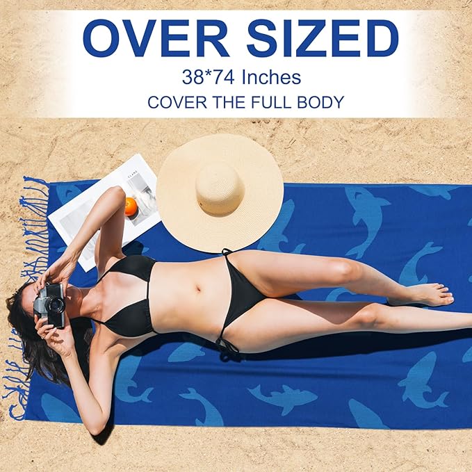 Genovega Oversized Cotton Turkish Beach Towels 72"x36" Lightweight Quick Dry Sandless Pool Swim Towel Large No Sand Compact Blanket Adult Travel Essentials Cruise Accessories Must Haves Blue Whale