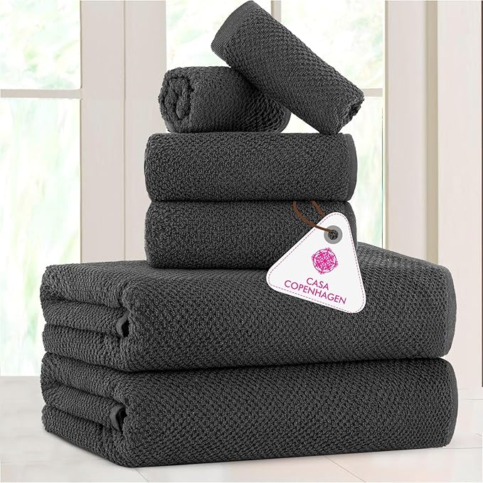 CASA COPENHAGEN EcoPop 6Pcs 100% Cotton Large Designer Towels Gift Set- Pine Grey, 550 GSM, 2Bath 2Hand 2Washcloths, Bath Towels for Bathroom Set for Women & Men