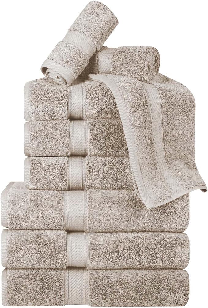 Superior Egyptian Cotton Pile 9 Piece Towel Set, Includes 3 Bath, 3 Hand, 3 Face Towels/Washcloths, Ultra Soft Luxury Towels, Thick Plush Essentials, Guest Bath, Spa, Hotel Bathroom, Stone
