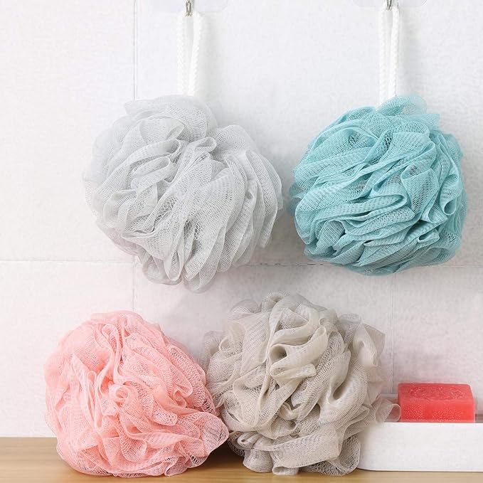 Pack of 4 Bath Sponges Shower Loofahs 60g Bath Exfoliating Sponge Shower Pouf Body Scrubber Mesh Pouf for Exfoliate Cleanse and Soothe Skin