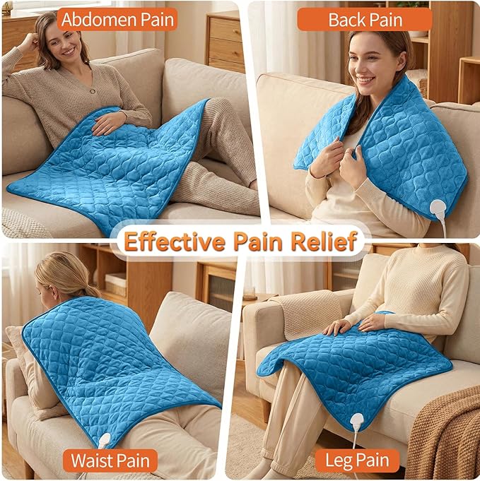 King Size Electric Heating Pad for Back Pain 32"x24" Extra Large Heating Pad for Period Cramps Relief & Body Neck Shoulder Auto Shut Off Heat Pad Temperature Settings Machine Washable Blue
