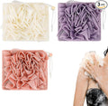 3 Pcs Washcloth Loofah Combo, 2 in 1 Bath Loofah Sponge with Drawstring, Exfoliation Mesh Shower Puff Ball for Body Wash Cleansing and Smooth Skin (Purple Pink Beige)