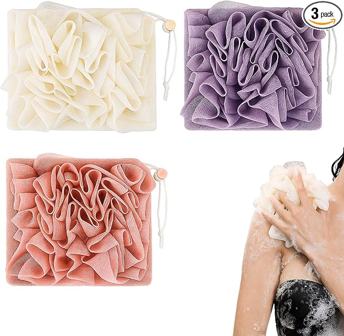 3 Pcs Washcloth Loofah Combo, 2 in 1 Bath Loofah Sponge with Drawstring, Exfoliation Mesh Shower Puff Ball for Body Wash Cleansing and Smooth Skin (Purple Pink Beige)