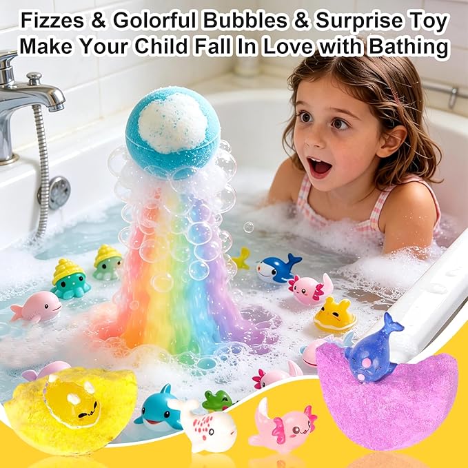 Natural Bath Bombs for Kids with Mega Bubbles & Surprise Inside, 12 Pack Kids Bath Bombs Gift Set with Surprise Ocean Toys Inside, Skin-Friendly Bathing Kit for Boys & Girls