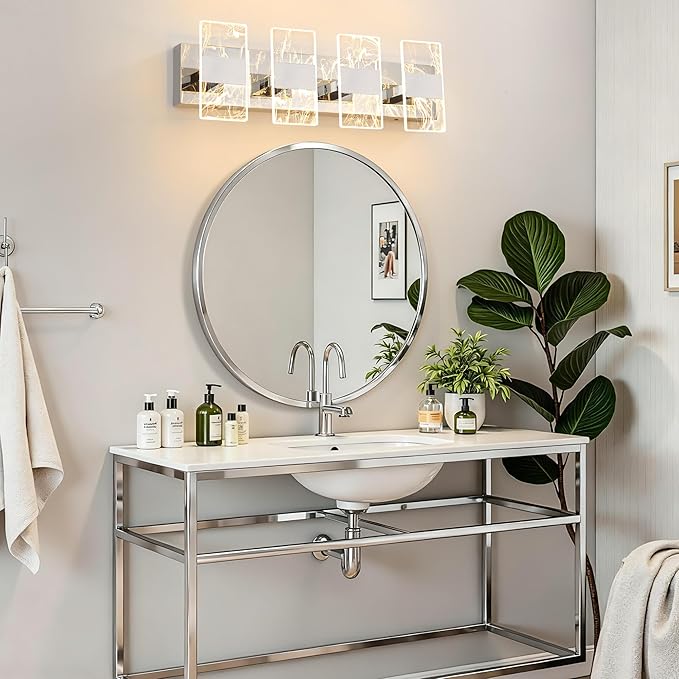 Modern LED Bathroom Light Fixtures Dimmable 4-Light Chrome Vanity Light, 5CCT Adjustable Lighting Fixture Vanity Lights Over Mirror, Smoked Acrylic LED Vanity Lights for Bathroom