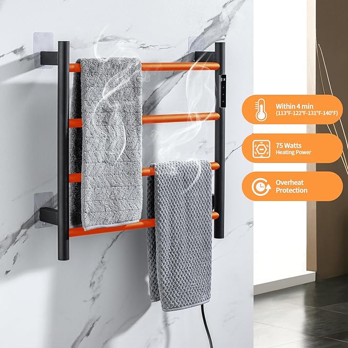 Heated Towel Racks,4 Bars Towel Warmer Rack for Bathroom, Wall Mounted Electric Towel Warmer with Timer, Plug-in/Hardwired Towel Dryer Rack Matte Black